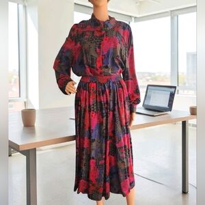 Vintage Dalton Sport Rayon 2Pc Skirt Set Abstract Geometric Red Purple Size 16